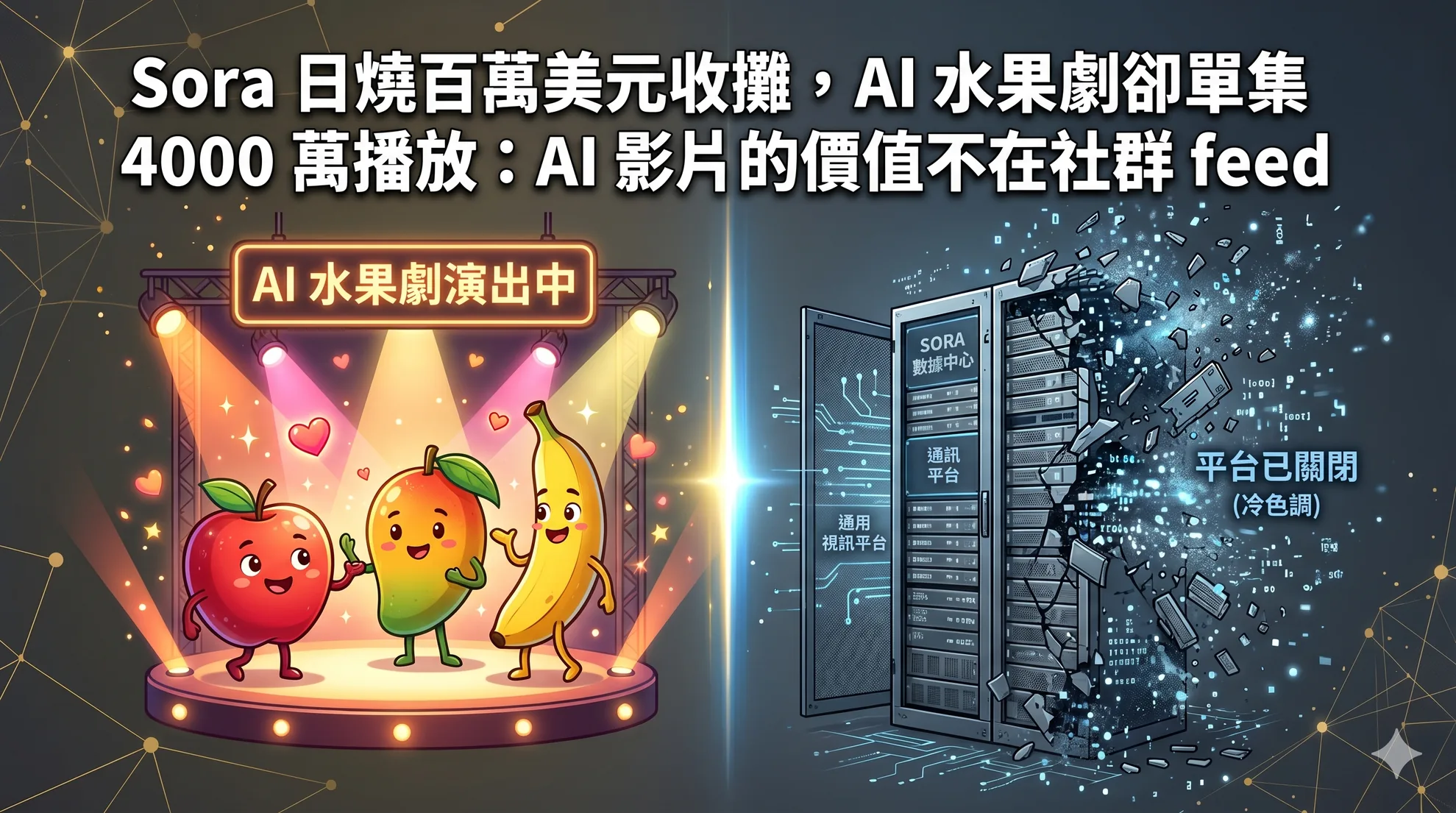 Sora 日燒百萬美元收攤，AI 水果劇卻單集 4000 萬播放：AI 影片的價值不在社群 feed