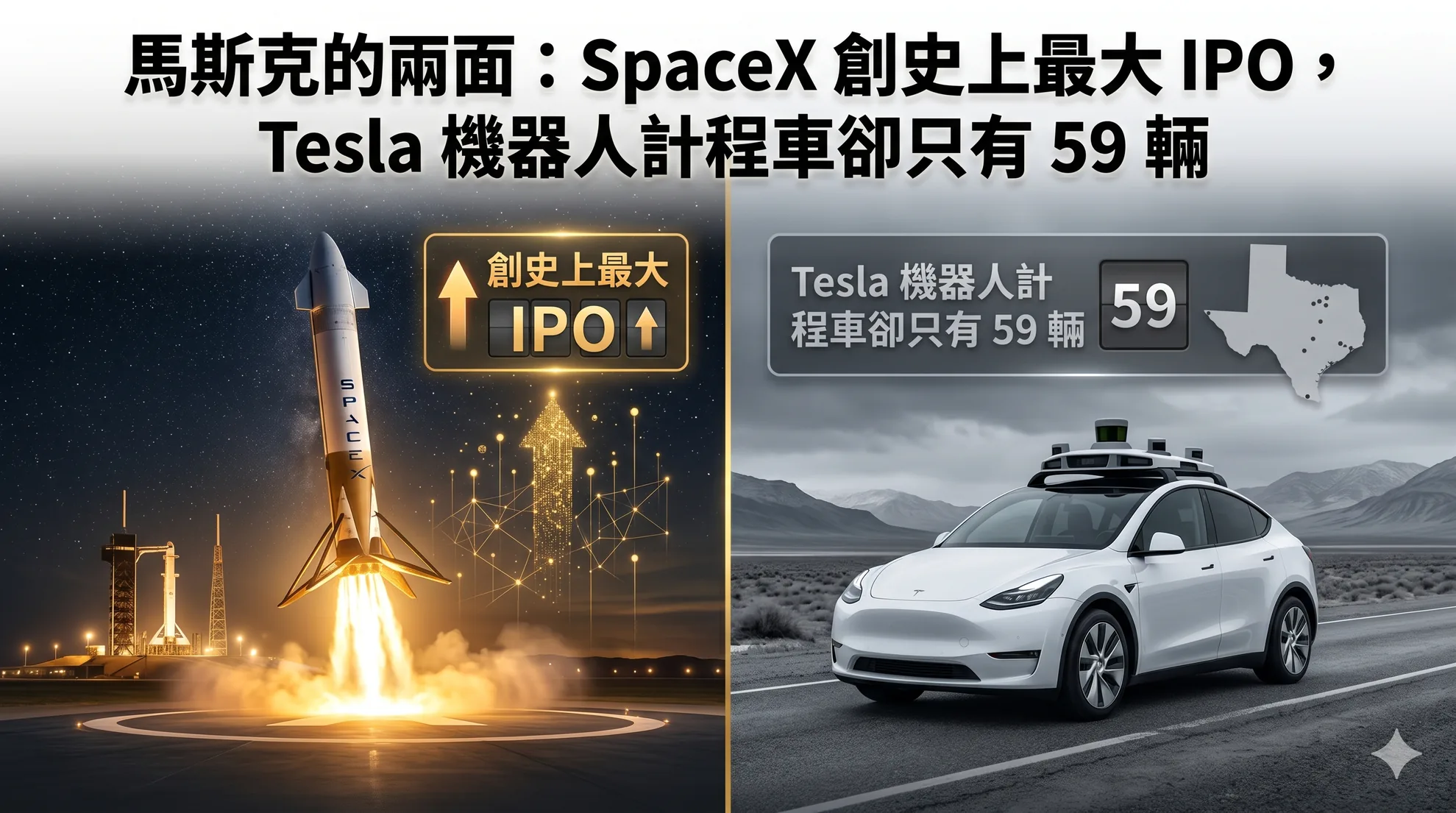 馬斯克的兩面：SpaceX 創史上最大 IPO，Tesla 機器人計程車卻只有 59 輛